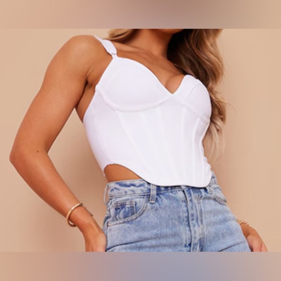 PrettyLittleThing Bandage Corset Crop,lace overlay,dip hem,bust cup,zipper back - Picture 1 of 11
